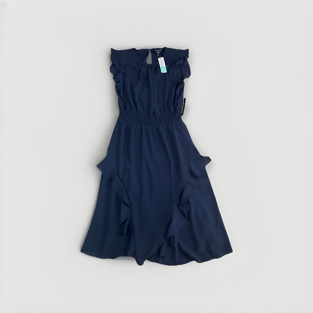 NWT! Maggy London Lightweight Round Neck Chiffon Dress - Navy Smocked Waist